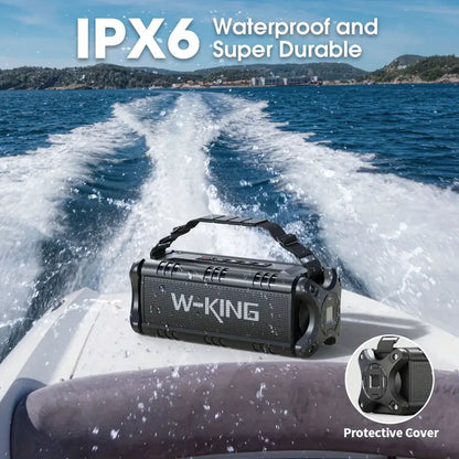 W-KING Kabelloser Lautsprecher 50 W RMS – IPX6 wasserdichter tragbarer Lautsprecher mit tiefen Bässen, kristallklarem Klang, Rückwärtsladen, TF-Kartenleser, AUX-IN, NFC und Freisprechfunktion – Perfekt für Partys