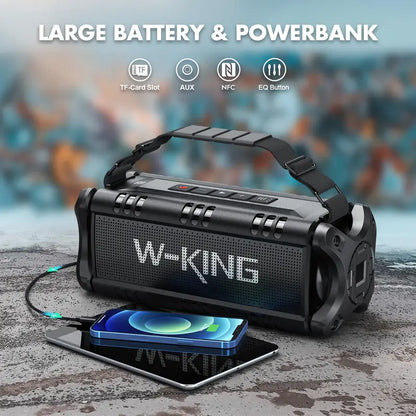 W-KING Kabelloser Lautsprecher 50 W RMS – IPX6 wasserdichter tragbarer Lautsprecher mit tiefen Bässen, kristallklarem Klang, Rückwärtsladen, TF-Kartenleser, AUX-IN, NFC und Freisprechfunktion – Perfekt für Partys