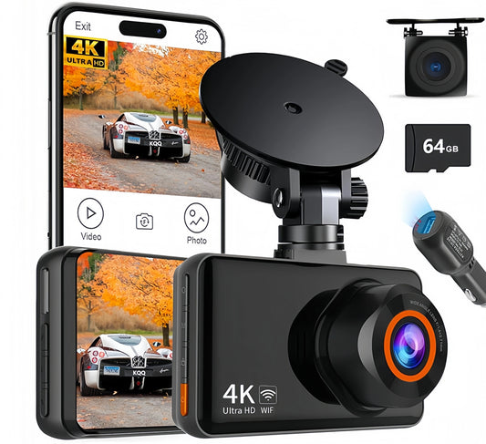 ACE 4K WiFi Dashcam für vorne und hinten mit KOSTENLOSER 64 GB SD-Karte, 3,5 Zoll, kleiner versteckter Fahrrekorder, Blackbox, Autozubehör