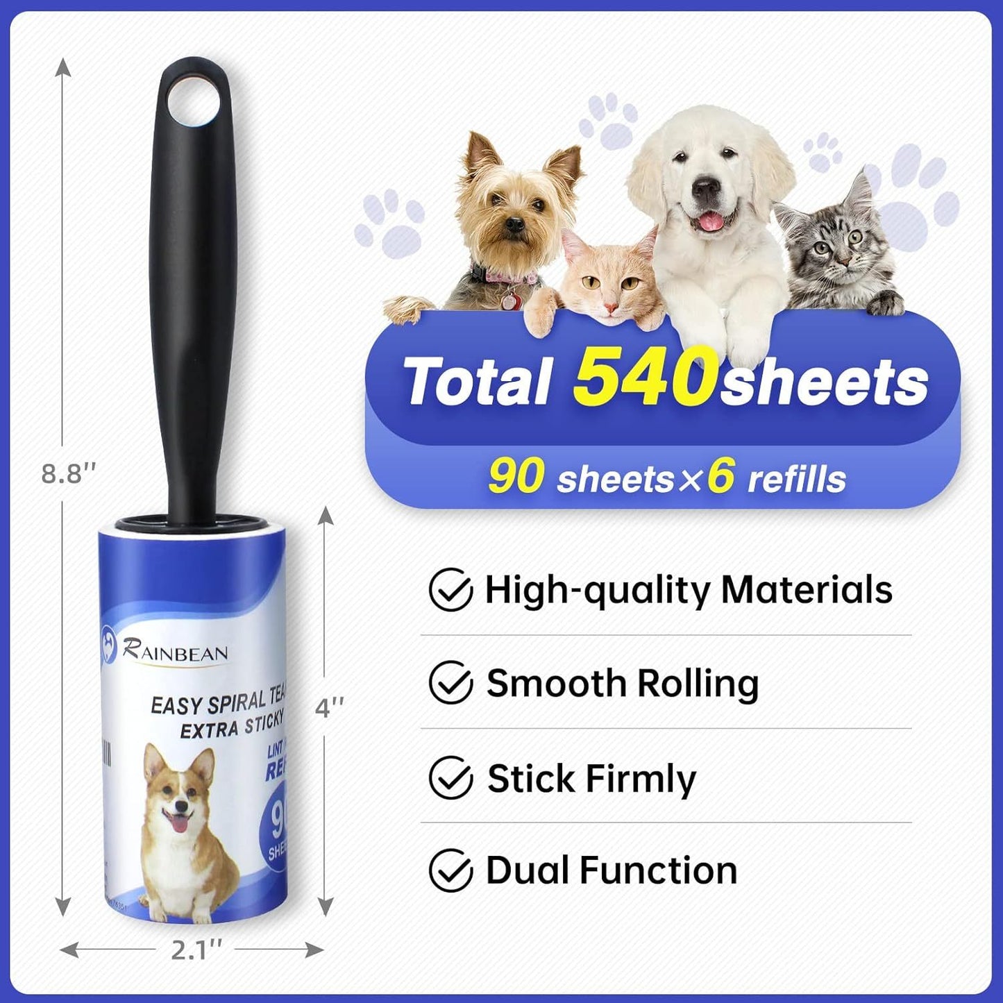 RAINBEAN Extra Sticky Lint Rollers for Pet Hair – 540 Sheets with 6 Refills, Includes 2 Upgraded Handles, Portable Pet Hair Remover for Clothes, Lint Roller for Dog