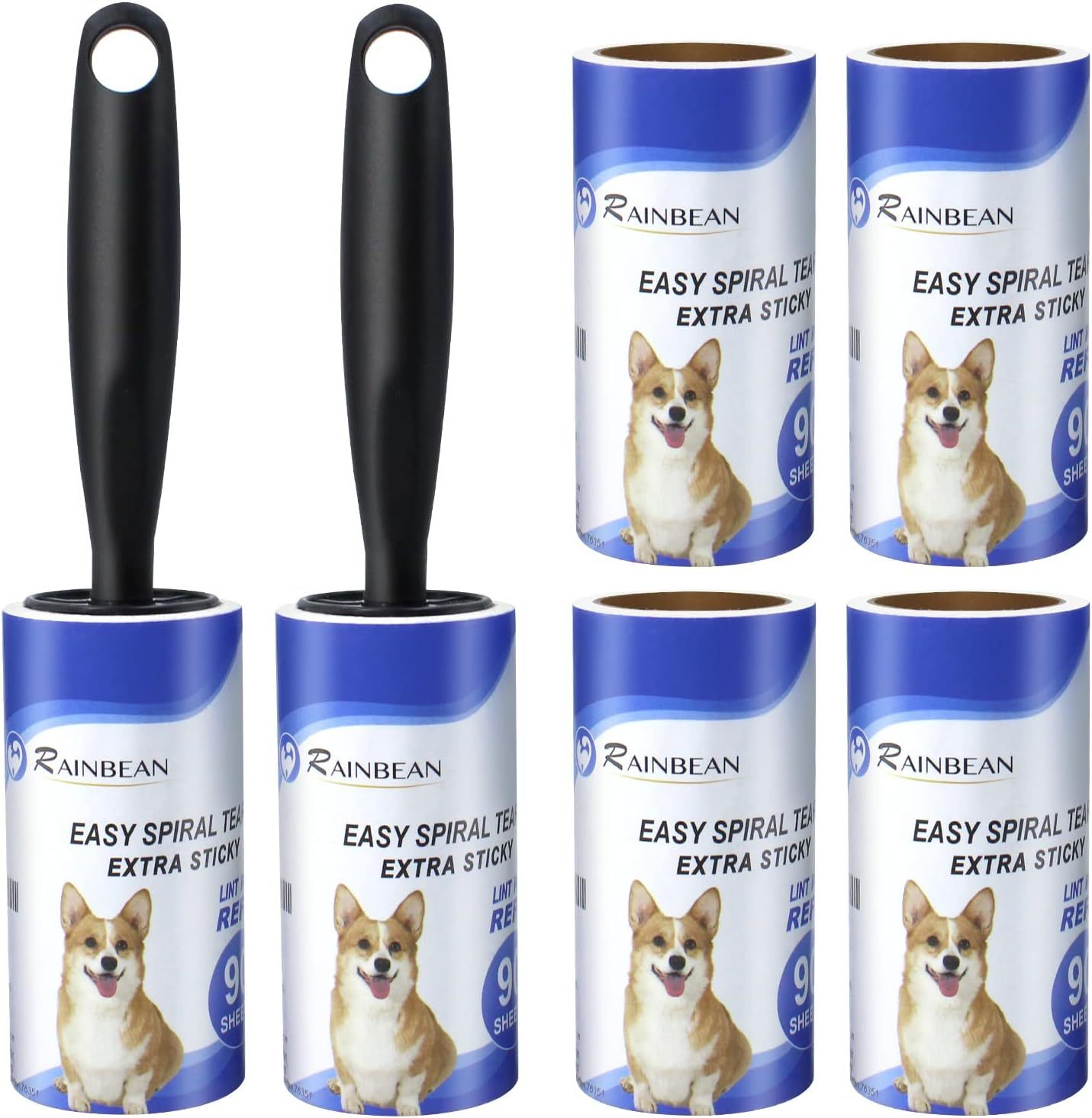 RAINBEAN Extra Sticky Lint Rollers for Pet Hair – 540 Sheets with 6 Refills, Includes 2 Upgraded Handles, Portable Pet Hair Remover for Clothes, Lint Roller for Dog