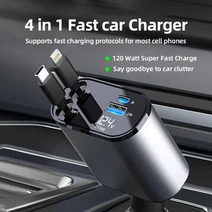 120W 4-in-1 Retractable Car Charger – High-Speed USB Type-C & Dual USB Ports, Swivel Design, Car Cigarette Lighter Adapter with Super Fast Charging and Wide Compatibility