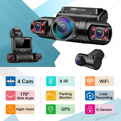 4-Kanal 1080P WiFi GPS Auto-DVR mit Doppellinsen, 8 Infrarotlichtern und 170-Grad-Nachtsicht-Dashcam