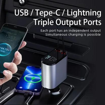 120W 4-in-1 Retractable Car Charger – High-Speed USB Type-C & Dual USB Ports, Swivel Design, Car Cigarette Lighter Adapter with Super Fast Charging and Wide Compatibility