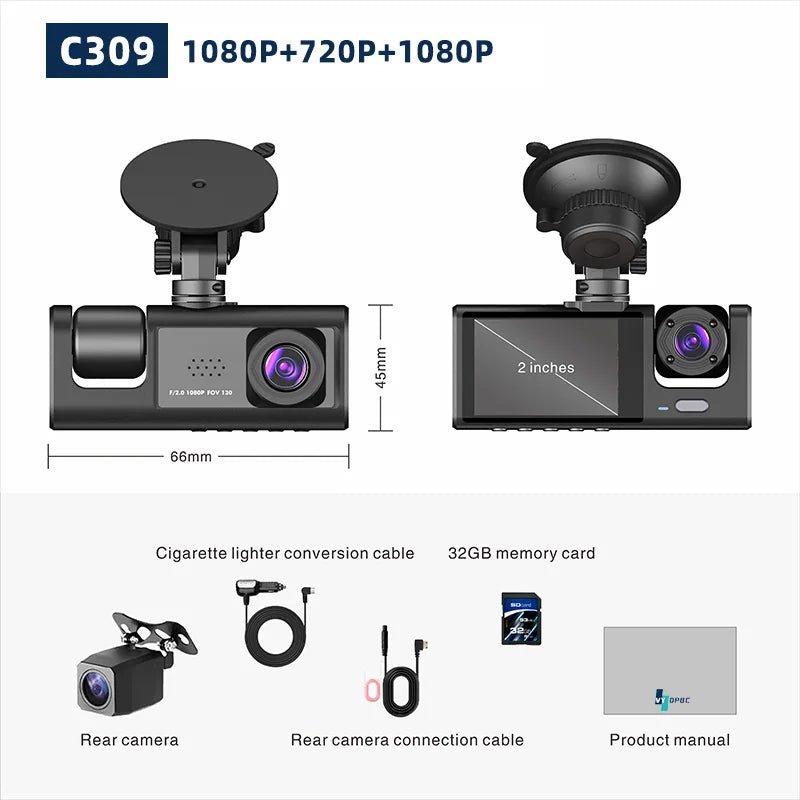 ACE 3 channels Smart HD Dash Cam System for Cars, Vans, Pick Up trucks, RVs Uber, Lyft drivers