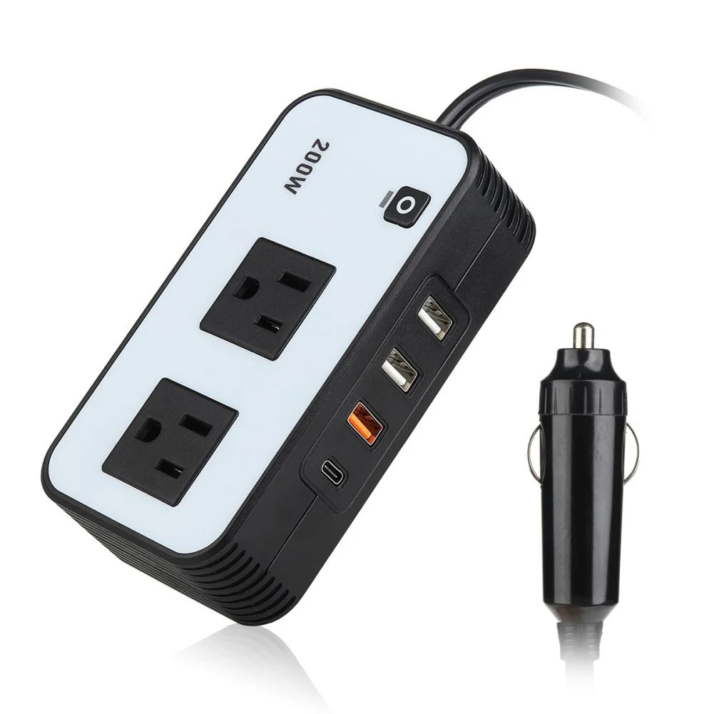 200W Power Inverter 12V DC To 110V AC Car Plug Adapter With 3 USB-A And 1 Type-C Charging Ports for Laptop