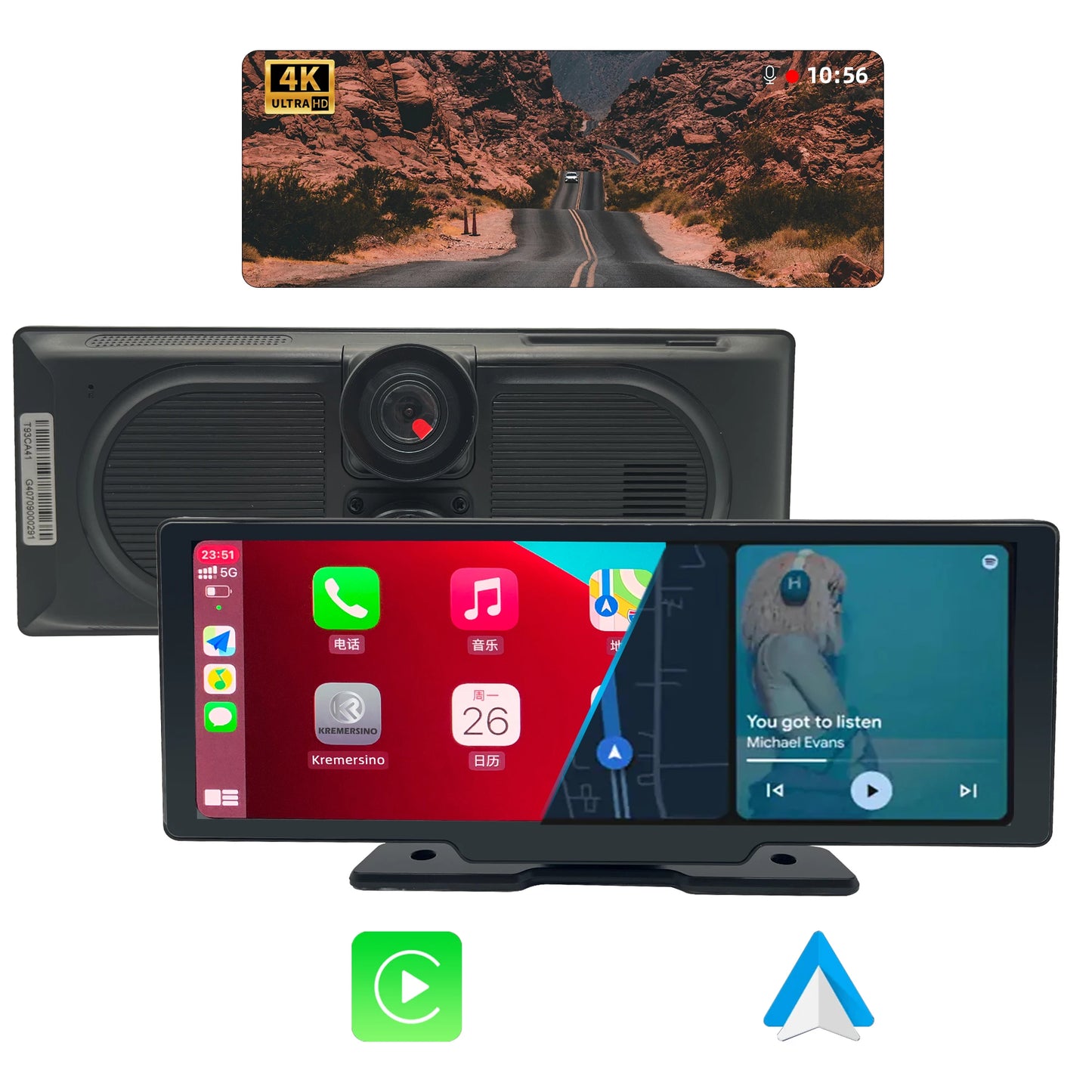 10,26 Zoll IPS 4K Dashcam ADAS Kabelloses Carplay &amp; Android Auto Bildschirm Airplay &amp; Androidcast Spiegel Auto DVR Armaturenbrett Videorecorder