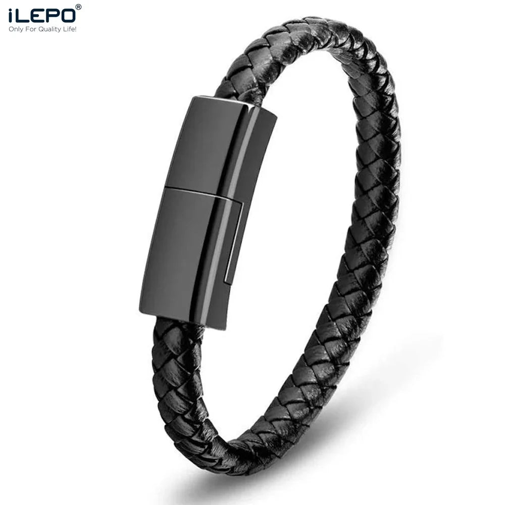 ILEPO Leather Bracelet USB Charging Cable – Portable Mini Micro USB & Lightning Charger for iPhone, Samsung, HUAWEI, Xiaomi