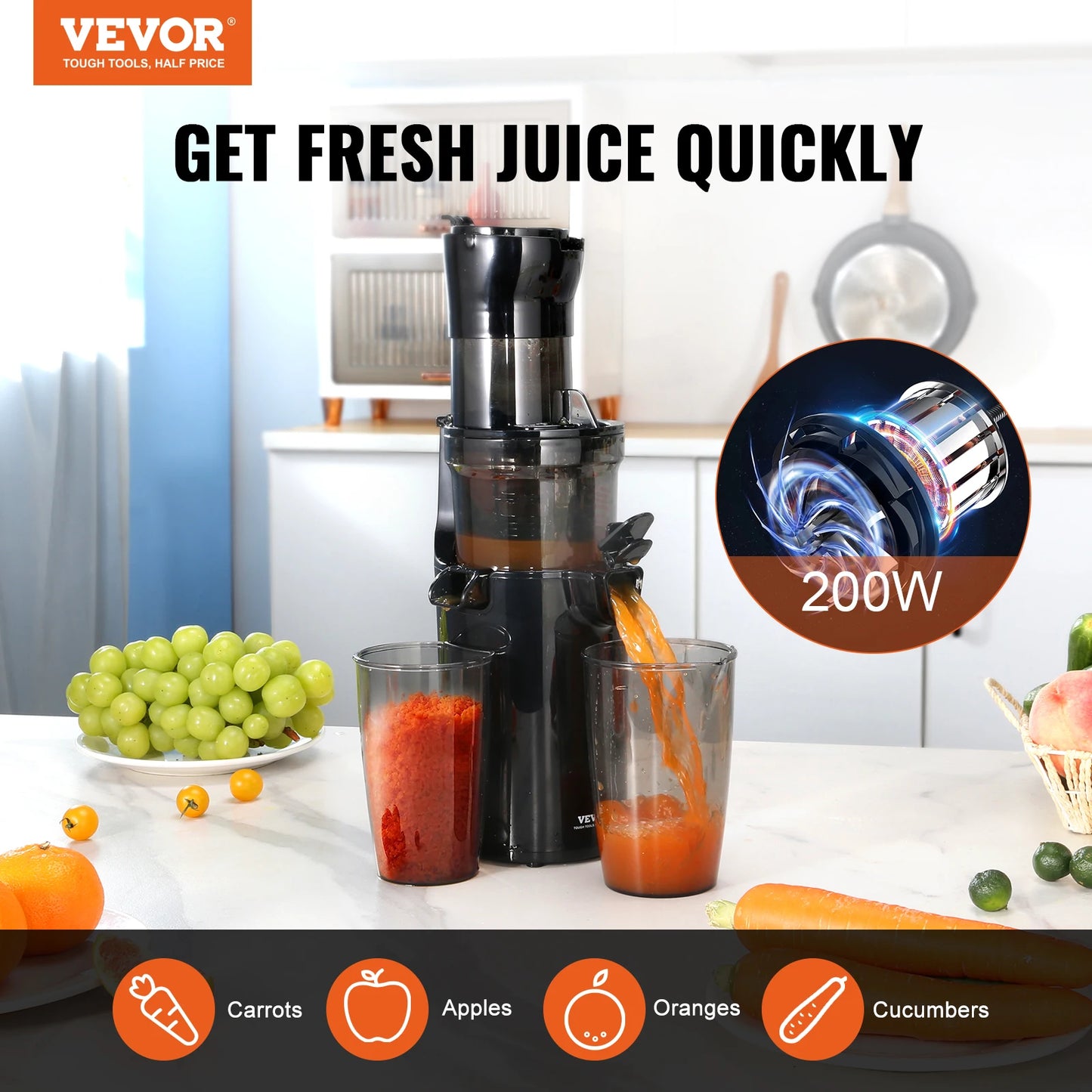 VEVOR Masticating Juicer Cold Press Juicer Machine 2.6" Large Feed Chute Slow Juicer Juice Extractor Maker