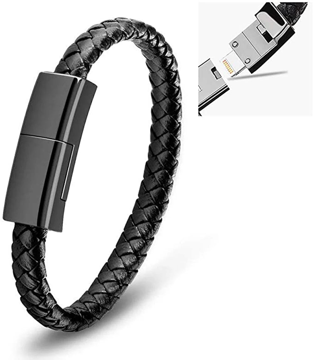 ILEPO Leather Bracelet USB Charging Cable – Portable Mini Micro USB & Lightning Charger for iPhone, Samsung, HUAWEI, Xiaomi